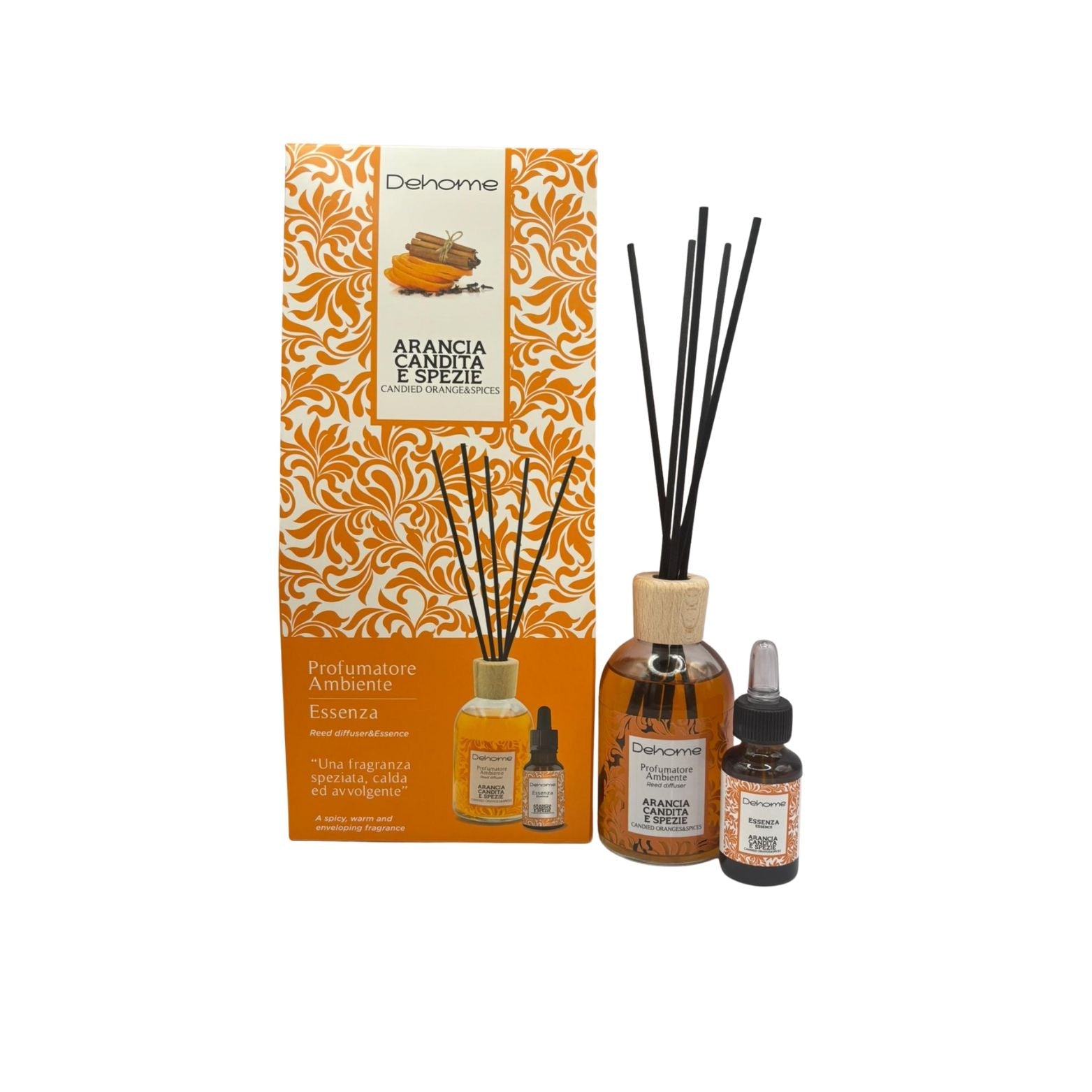 CONFEZIONE REGALO DEHOME- ARANCIA CANDITA E SPEZIE PROFUMATORE 100 ML + ESSENZA 15 ML