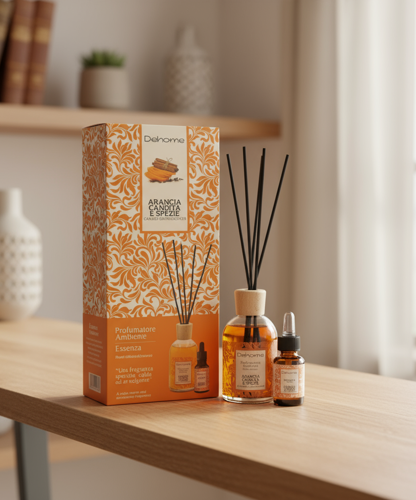 CONFEZIONE REGALO DEHOME- ARANCIA CANDITA E SPEZIE PROFUMATORE 100 ML + ESSENZA 15 ML