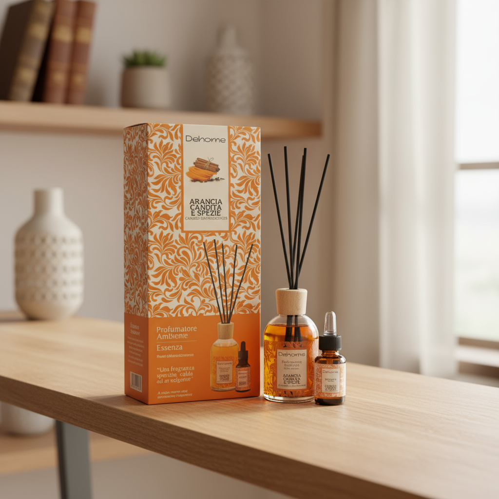 CONFEZIONE REGALO DEHOME- ARANCIA CANDITA E SPEZIE PROFUMATORE 100 ML + ESSENZA 15 ML